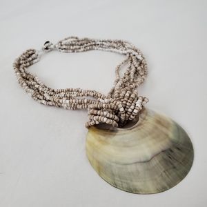 Boho Statement Shell Pendant on Multistrand Beaded Necklace